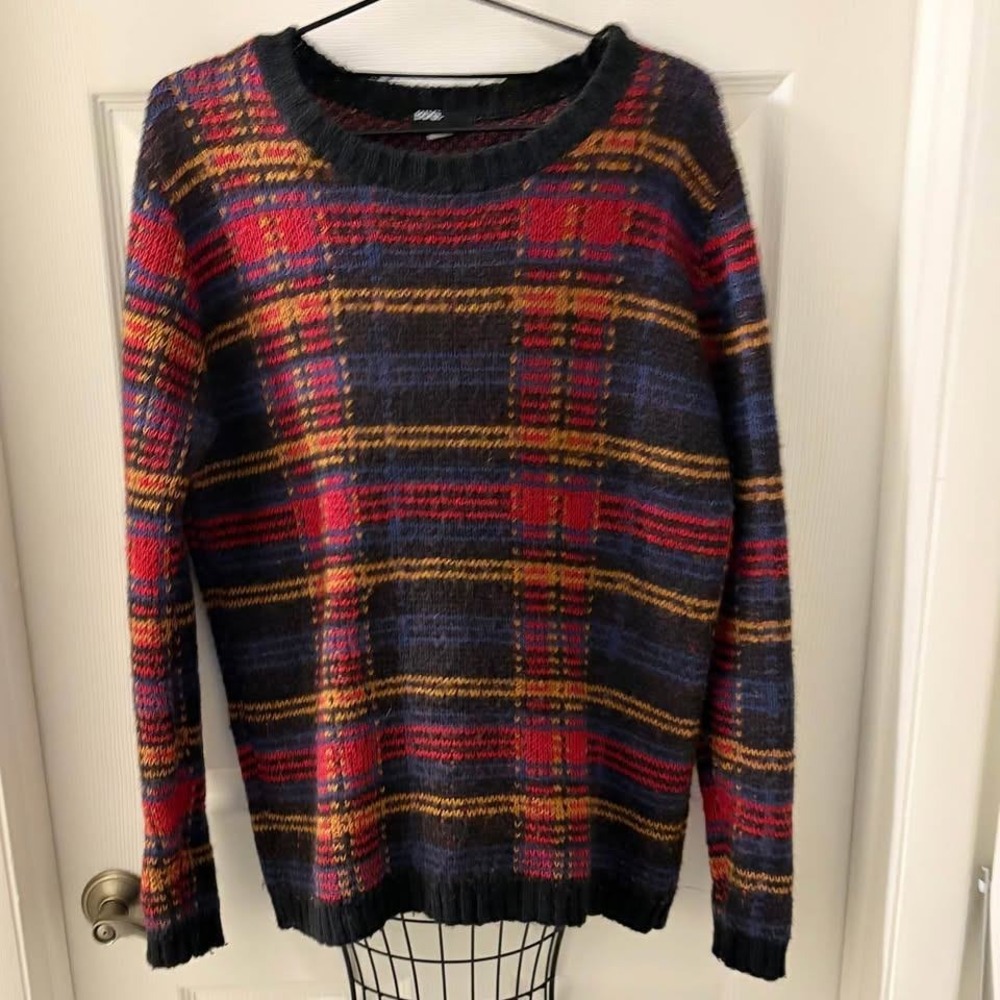 BDG Plaid Mohair Wool Blend Sweater Mens S Multi Color Knit Eclectic Grandpa EUC